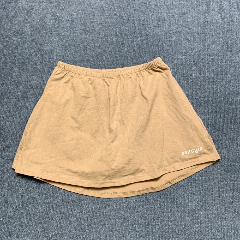YoungLA Athletic Mini Skirt Women Small Beige Cotton Stretch Gym Workout Pull On
